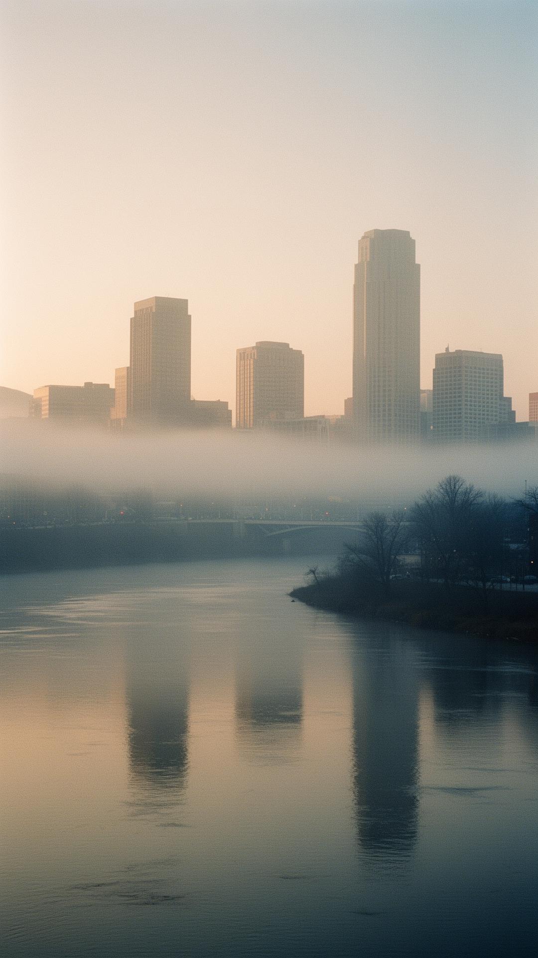 Nashville downtown skyline through morning fog over the Cumberland River