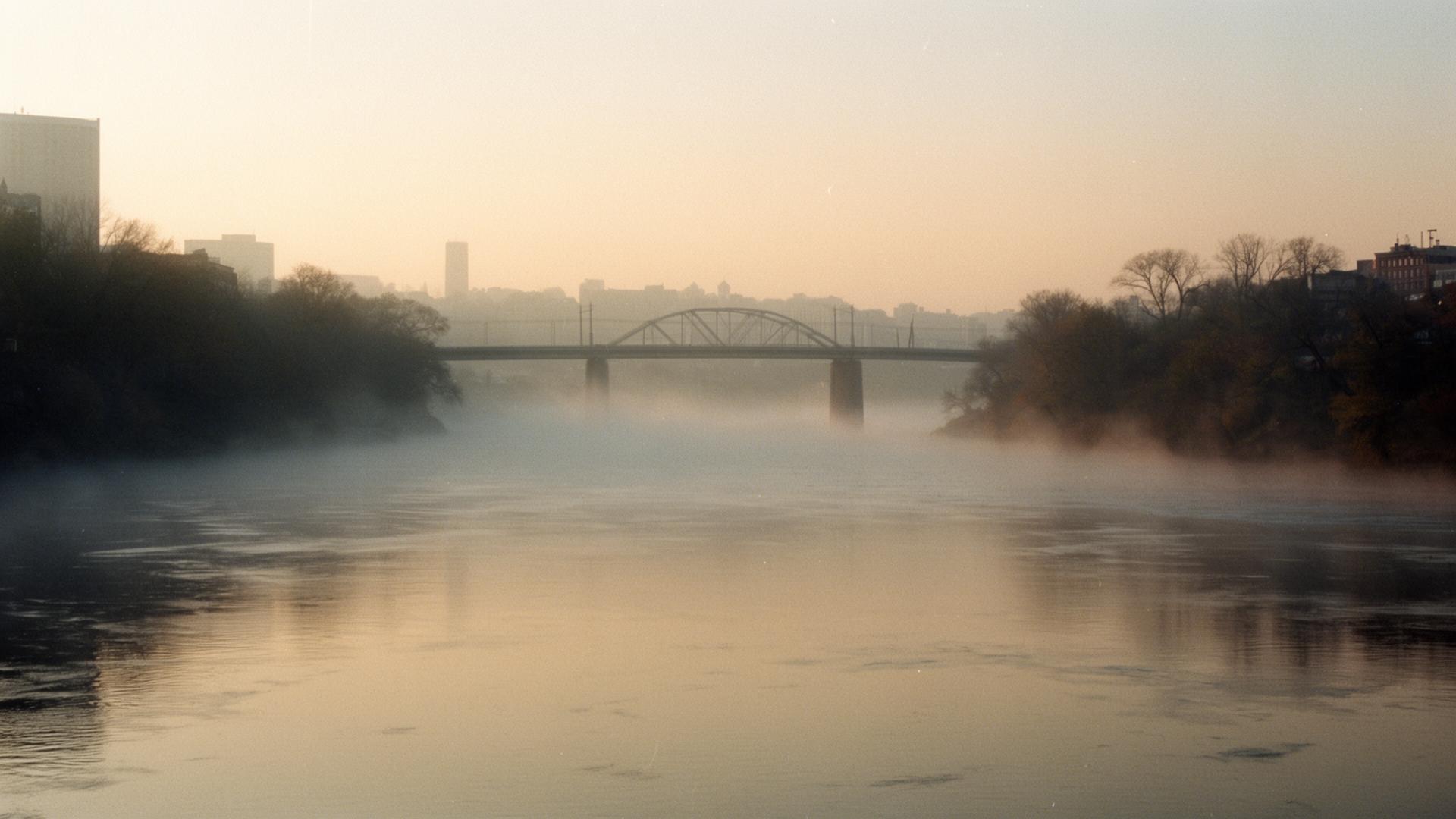 The Cumberland River at dawn with fog and a distant bridge