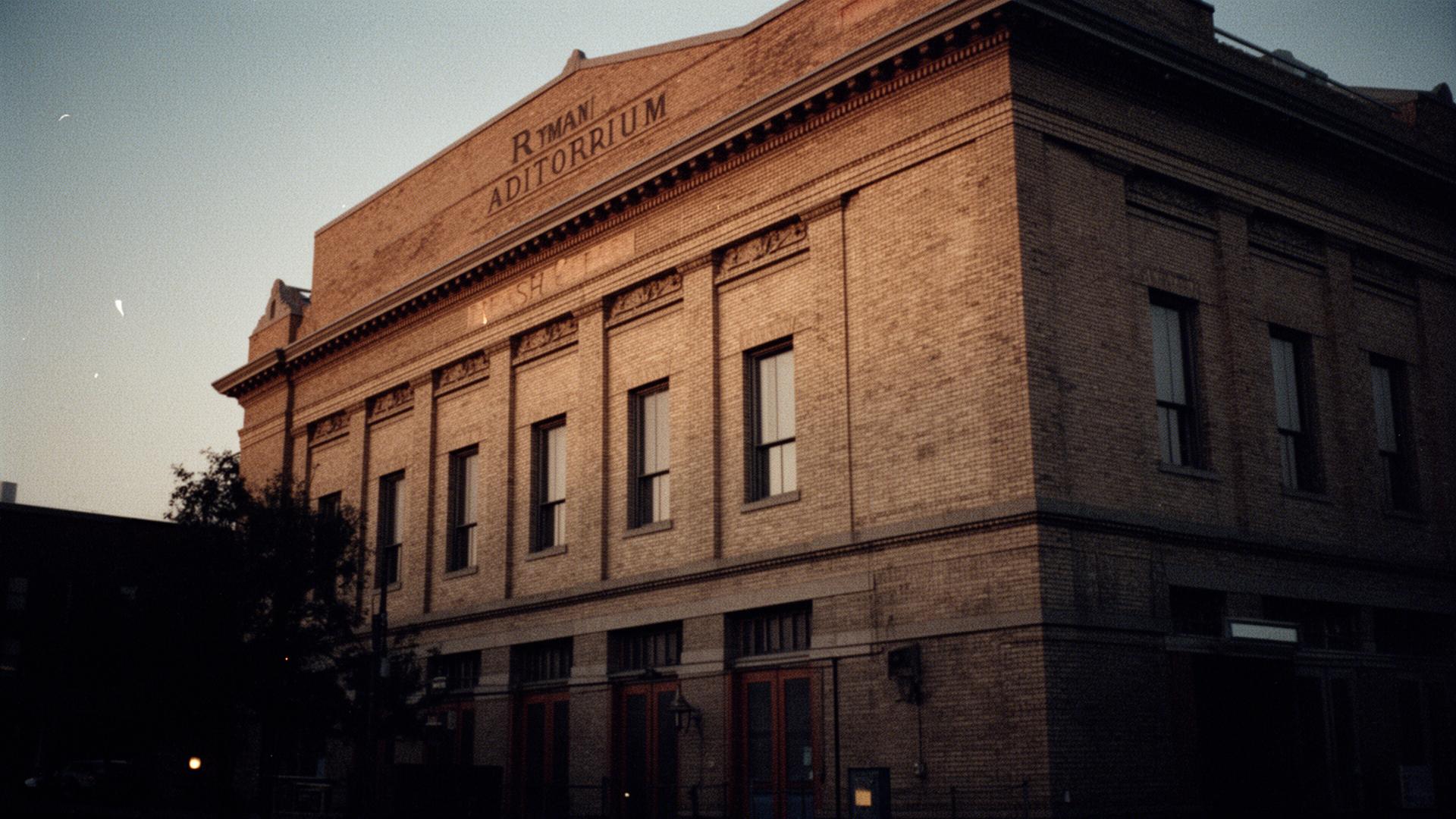 The Ryman Auditorium facade at dusk, downtown Nashville