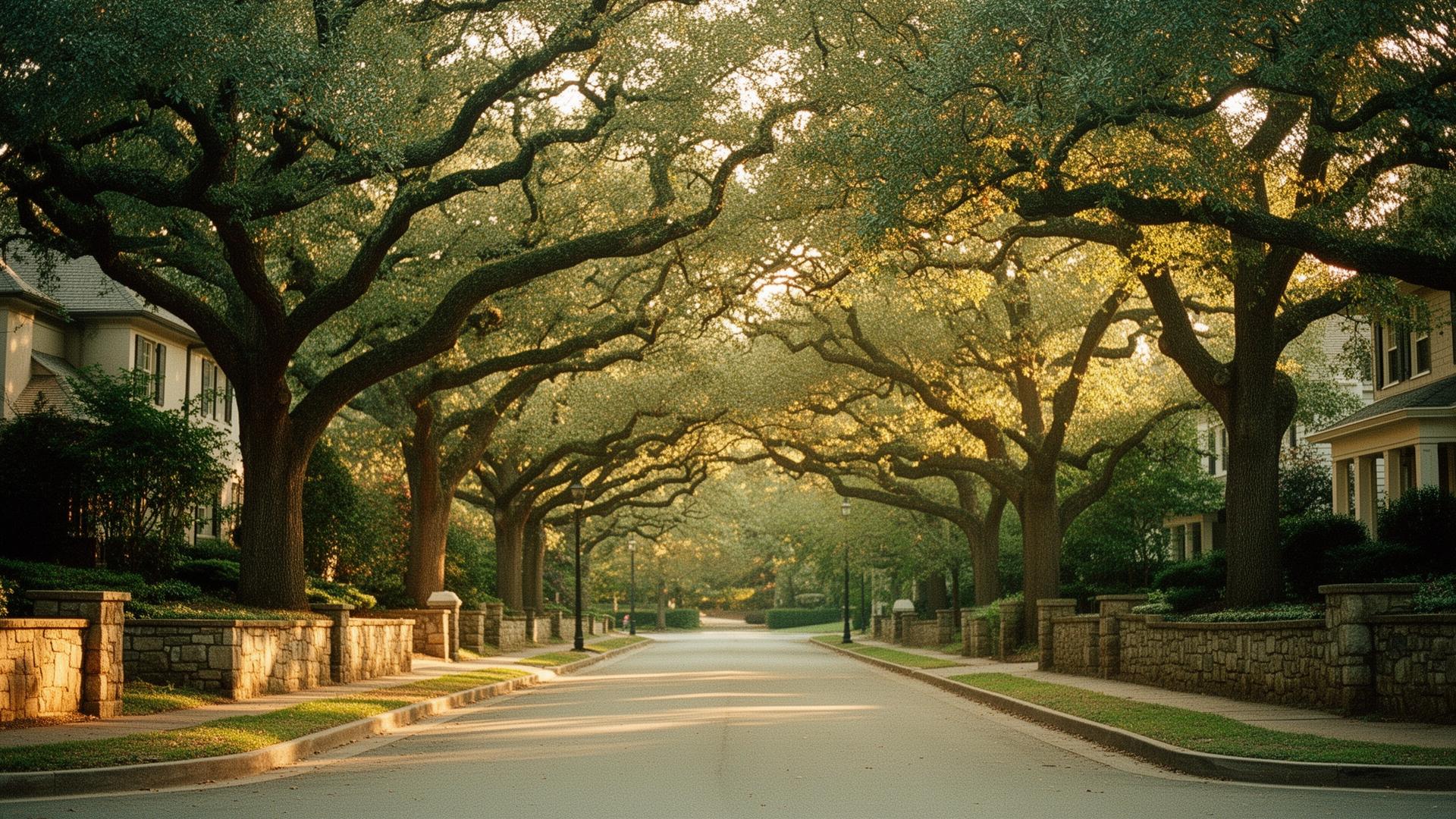 Oak-canopied residential street in Belle Meade, Nashville