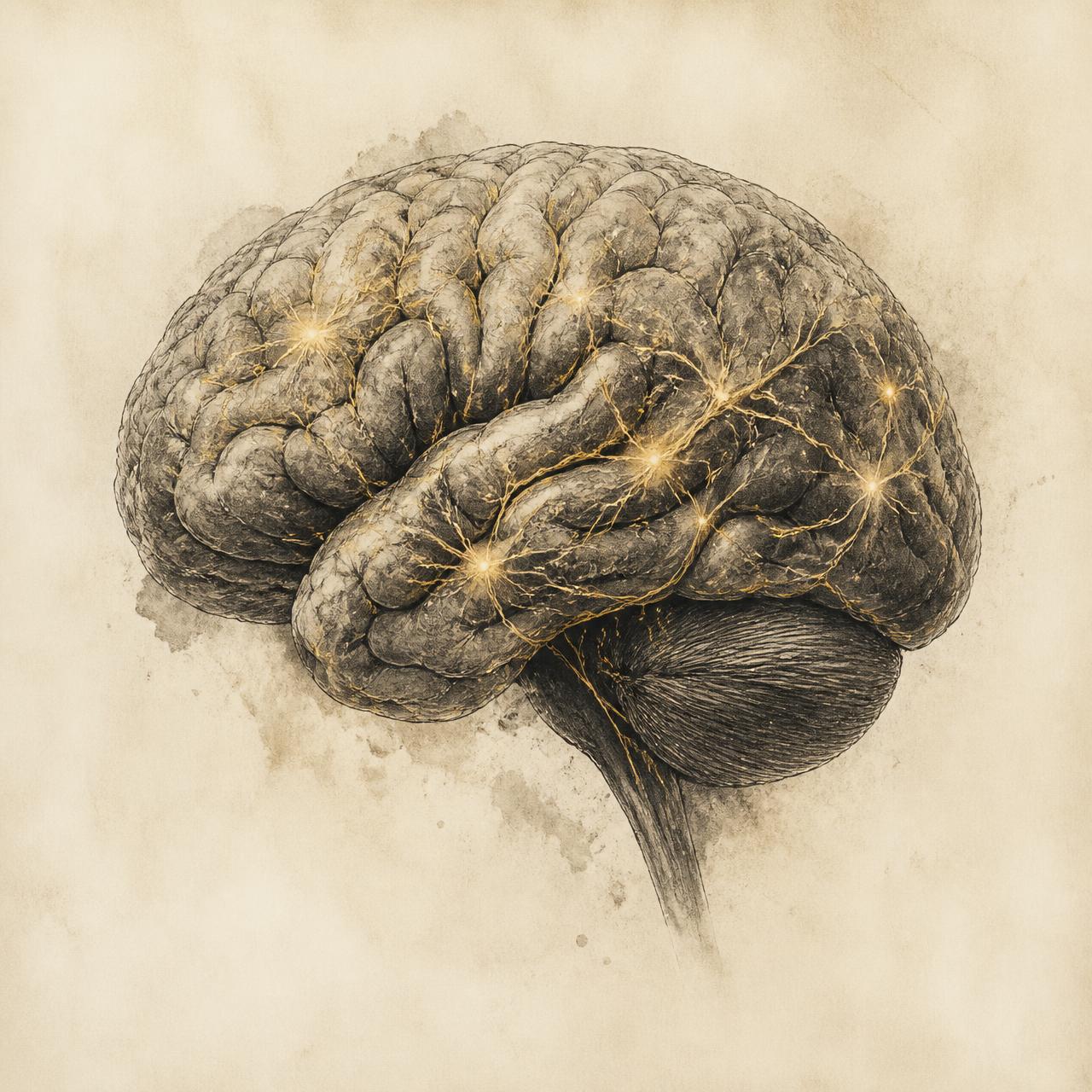 Editorial illustration of a human brain with luminous gold neural pathways