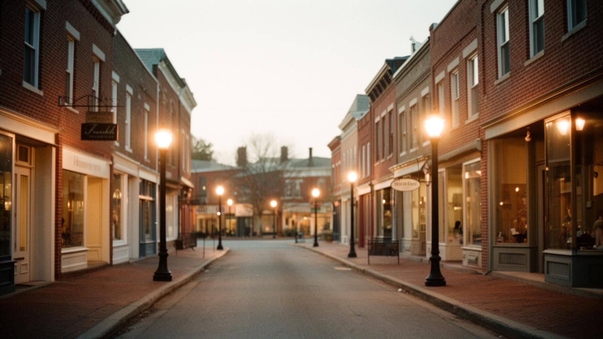 Historic downtown Franklin Tennessee main street at dusk