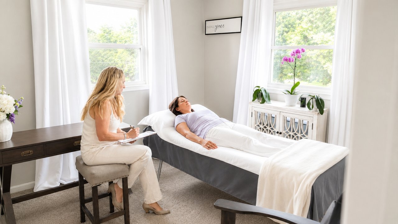 Dr. Tara Perry conducting a clinical hypnotherapy session with a client reclined on the treatment table