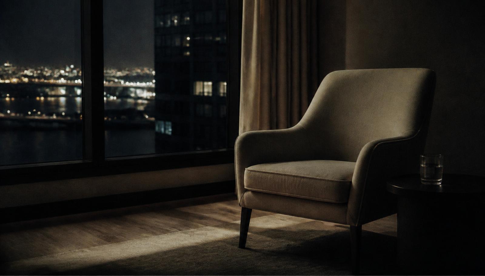 An empty armchair by a window at night, city lights outside